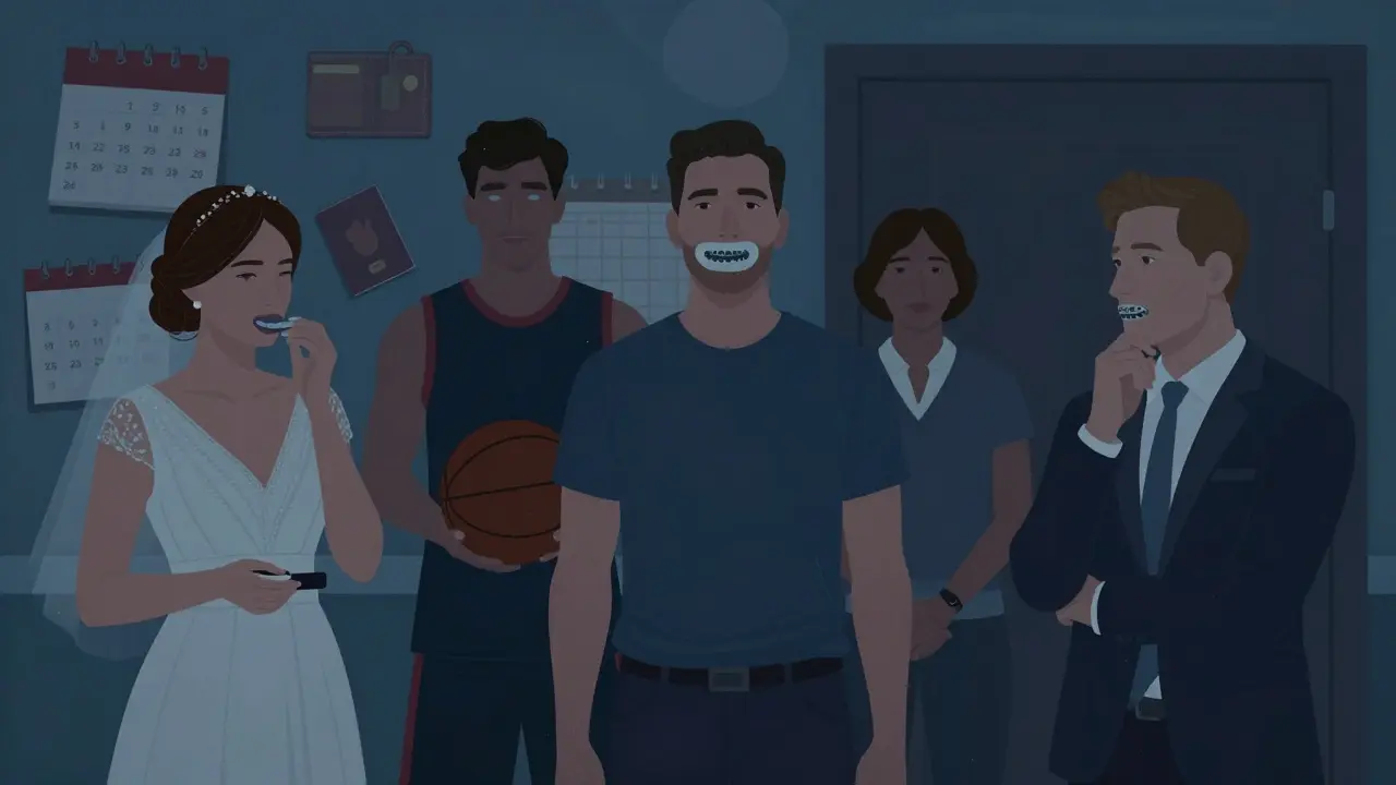 Různí lidé v Česku s rovnátky — nevěsta, sportovec, zaměstnanec — v situacích, kde jejich vzhled ovlivňuje životní plány.