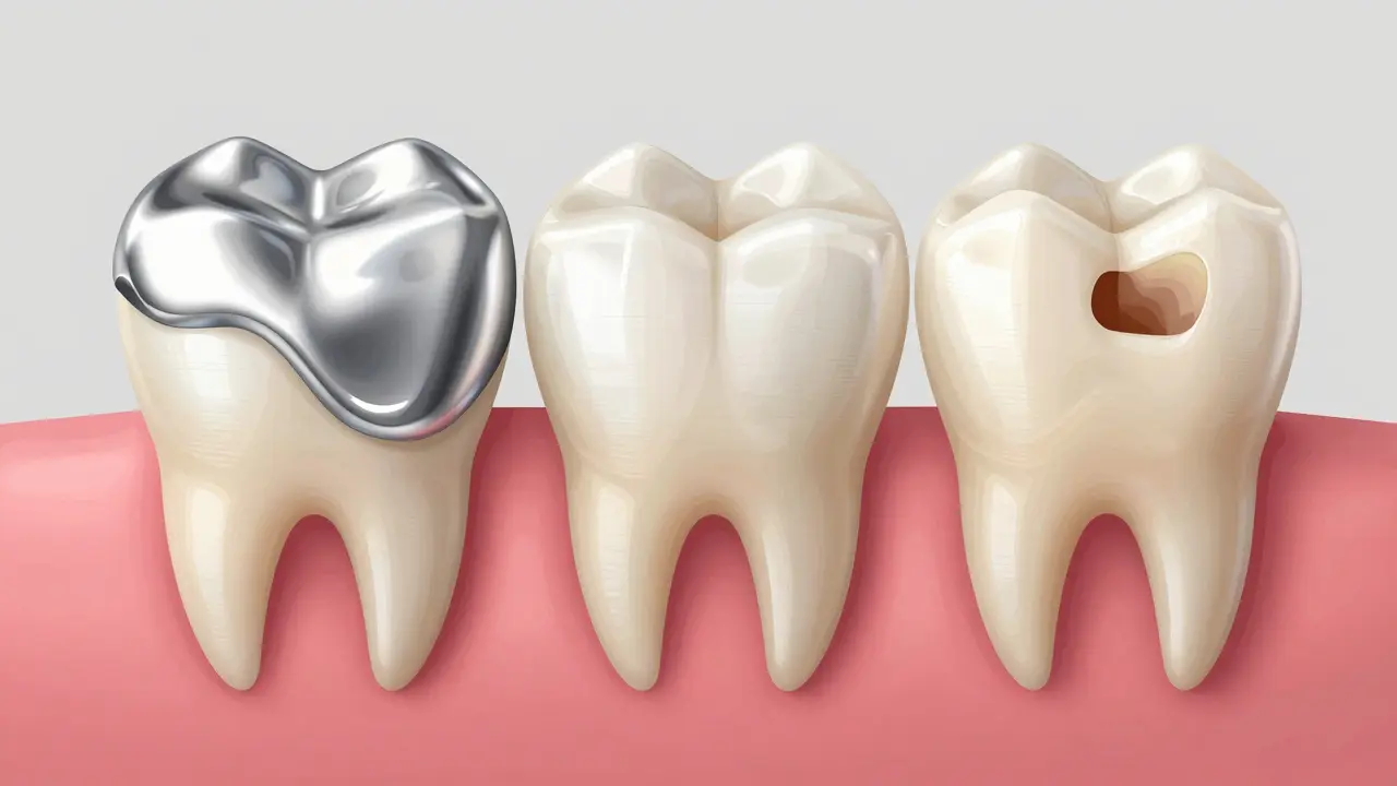 Side-by-side comparison of amalgam, composite, and ceramic dental fillings on teeth models.