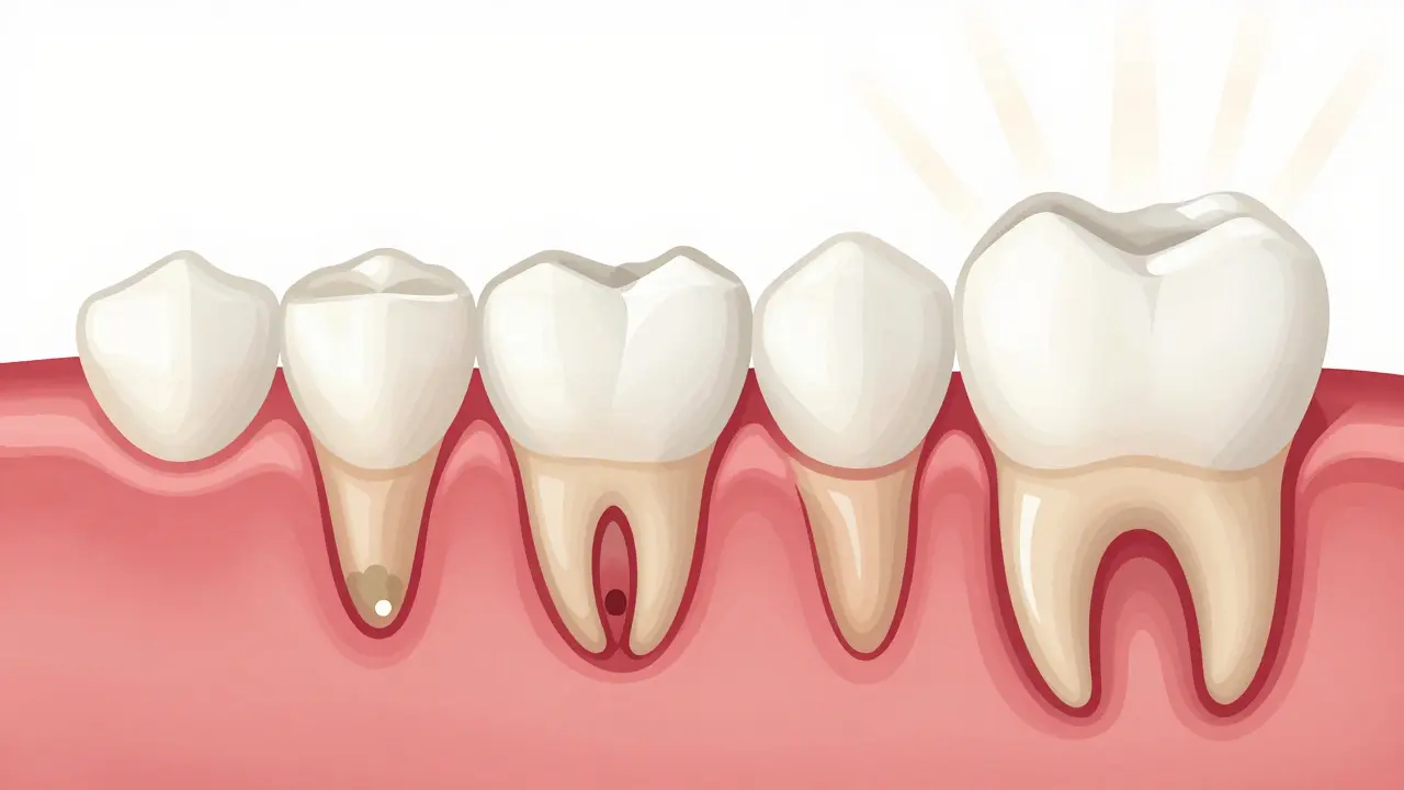 Side-by-side comparison of inflamed gums and healed gums after treatment.
