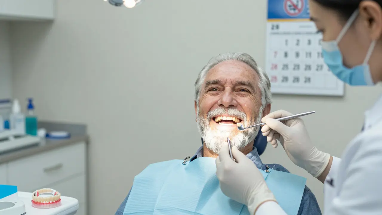 Starší muž na preventivní prohlídce u zubního lékaře, 25 let po implantaci.