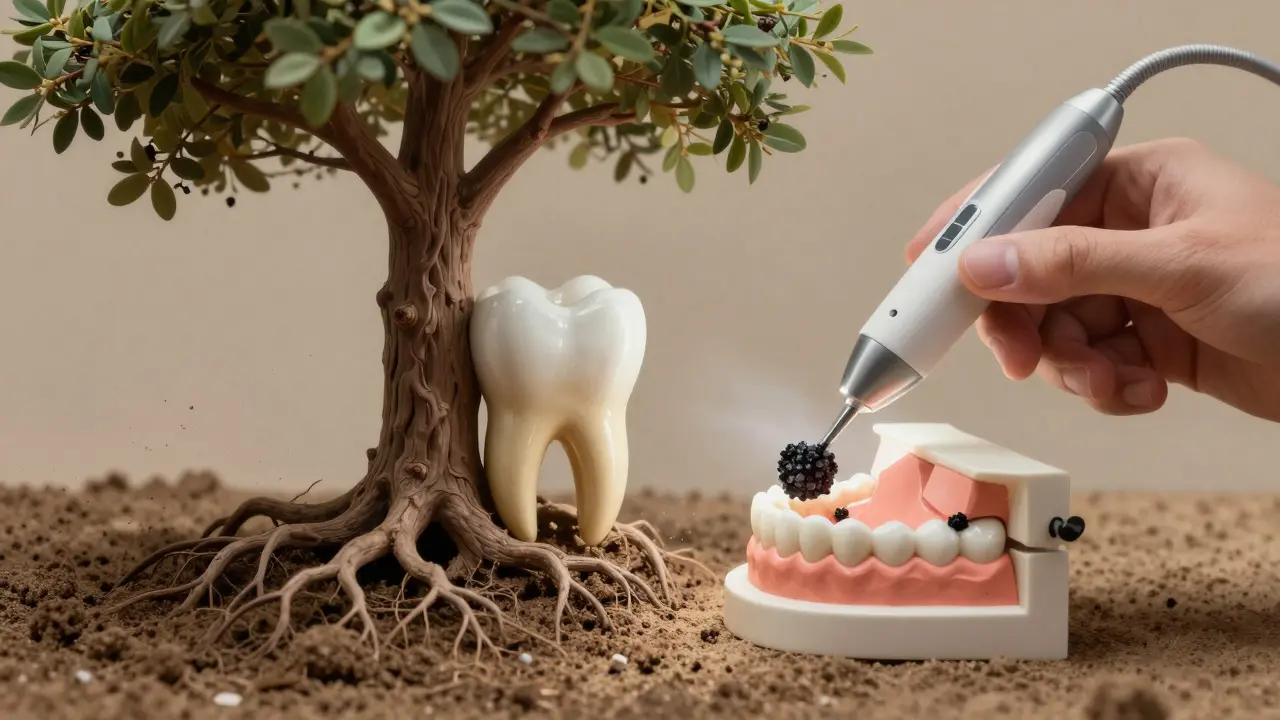 Strom s rozpadajícími se kořeny vedle zubního očištění ultrazvukem.