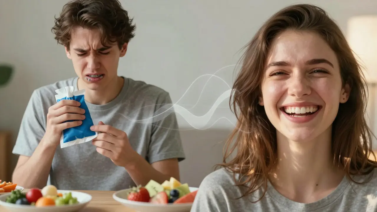 Timeline from discomfort with braces to confident smile with glowing light between