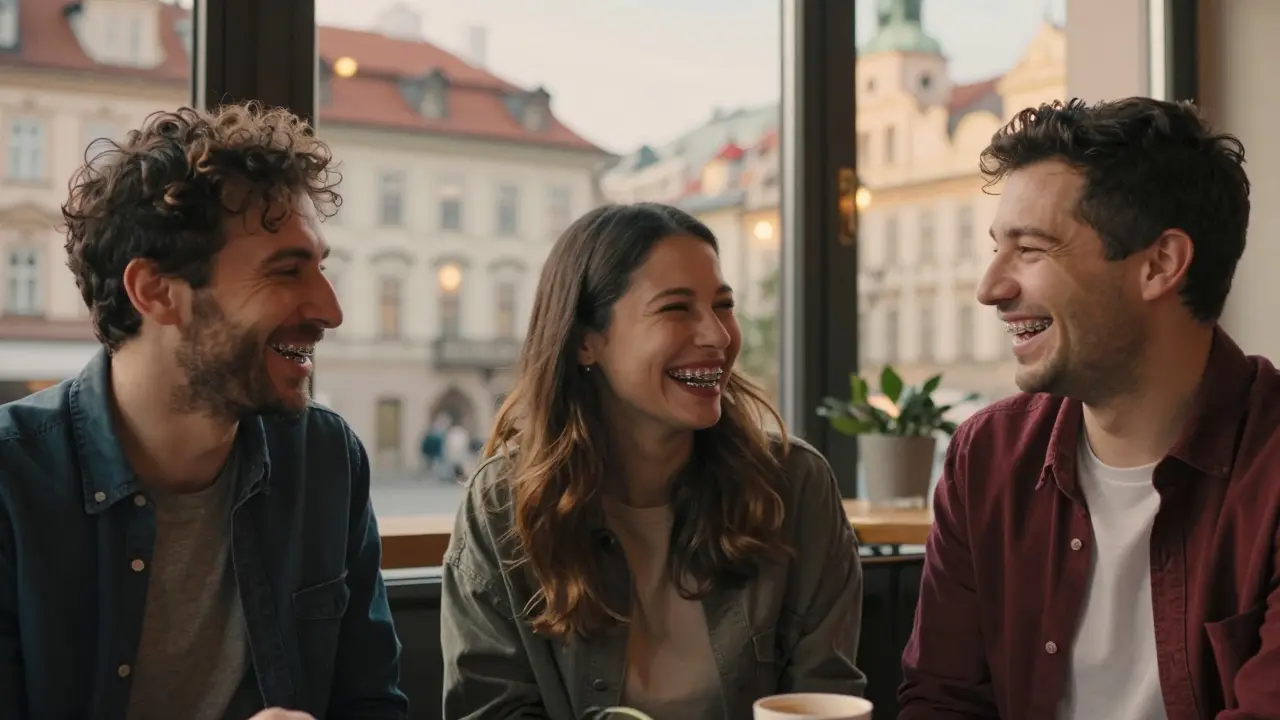 Tři dospělí se smějí v pražské kavárně, jejich úsměvy jsou svobodné a přirozené.