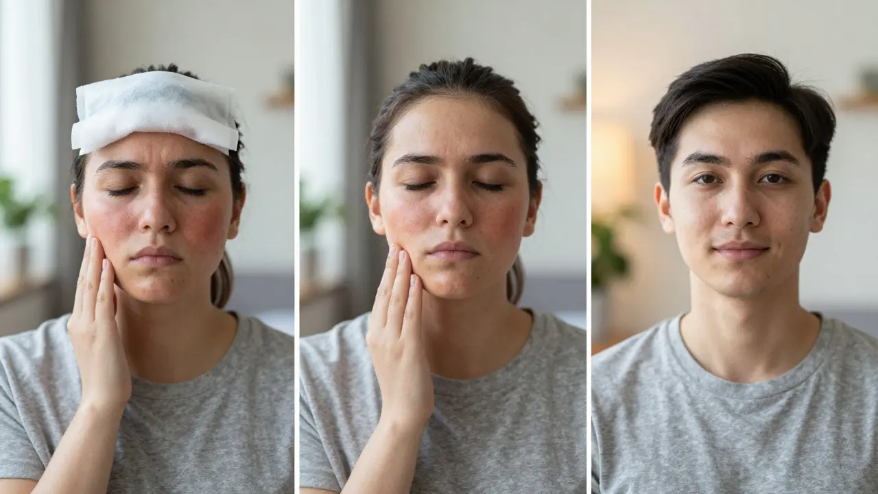 Tři fáze zotavení po vyjmutí osmiček: otok, mírné zlepšení a zcela zdravý obličej.