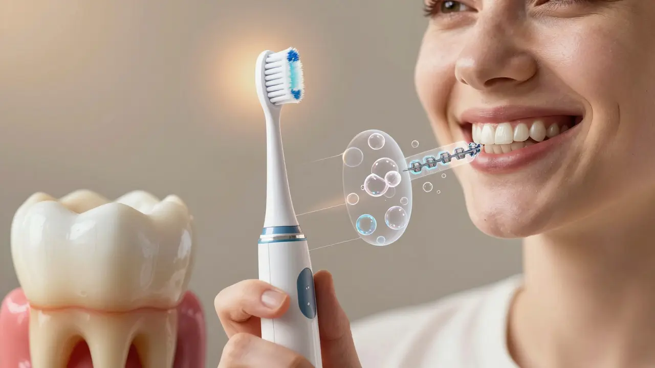 Viditelný rozdíl mezi znečištěným a čistým zubem při použití ultrazvukového čističe s efektem na zubní dráty.