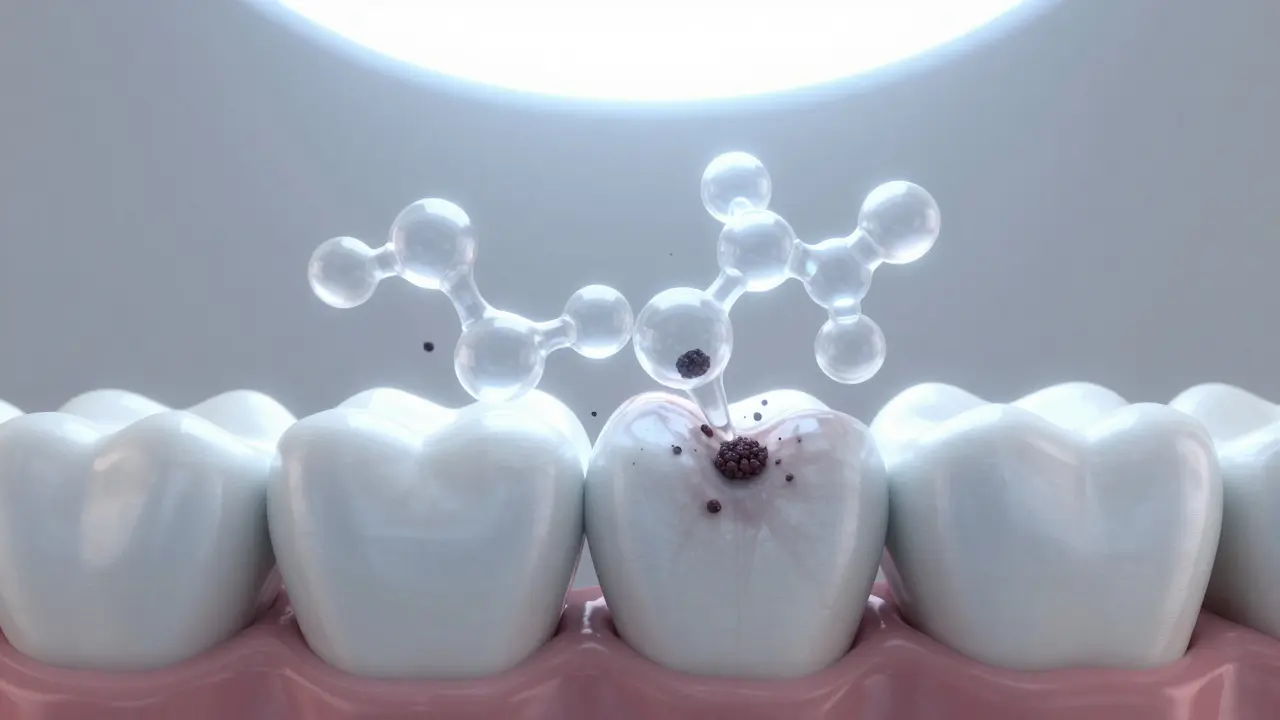 Vizuální reprezentace oxidace barviv na povrchu zuba při bělení.