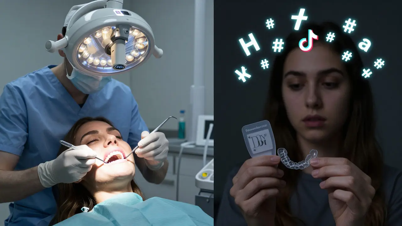 Vlevo: odborné čištění zubů s bělícím efektem, vpravo: DIY ortodontický komplet s falešnými sociálními médiemi.