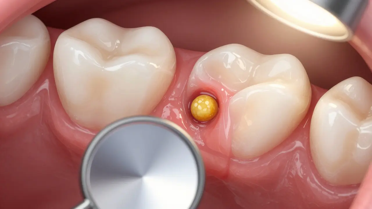 Zrcátko odhaluje žlutý vřídek na červené a oteklé dásni.