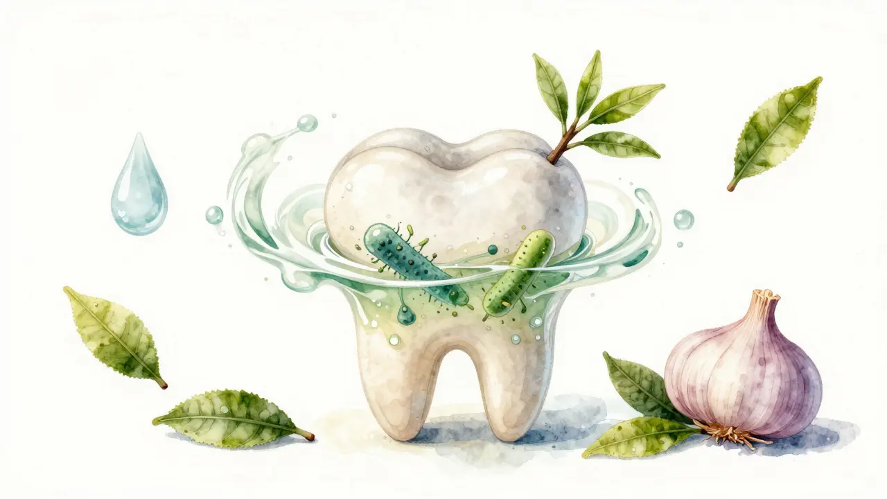 Zub s plakem se přeměňuje v přírodní prvky — česnek, olej a zelený čaj, symbolizující přirozenou péči.