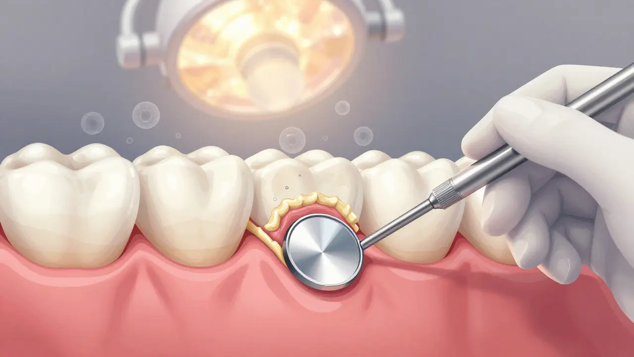 Zubař prohlíží krček zubu pomocí zrcátka a hrotu, viditelný žlutavý plak pod dásní.