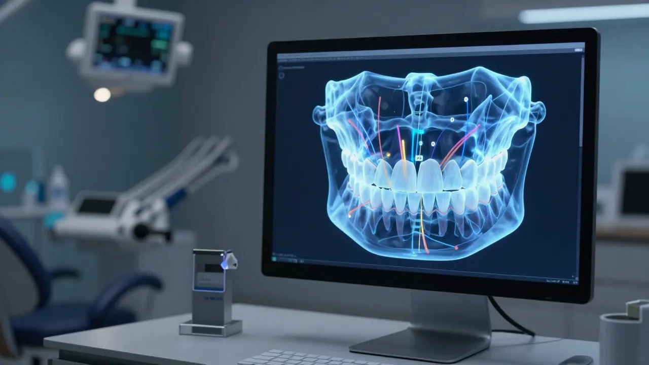 3D digitální model čelistí s plánovaným pohybem zubů na monitoru v ordinaci.