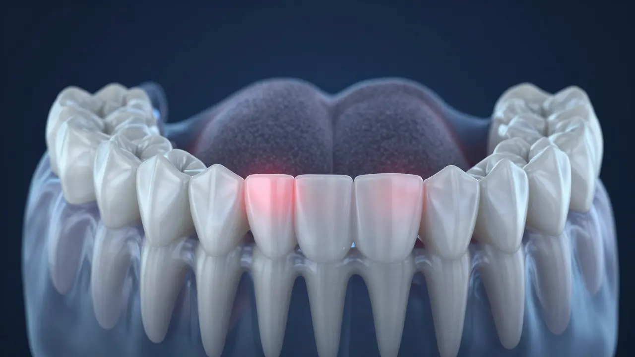 3D ilustrace opotřebení zubního skloviny a stresu z bruxismu.