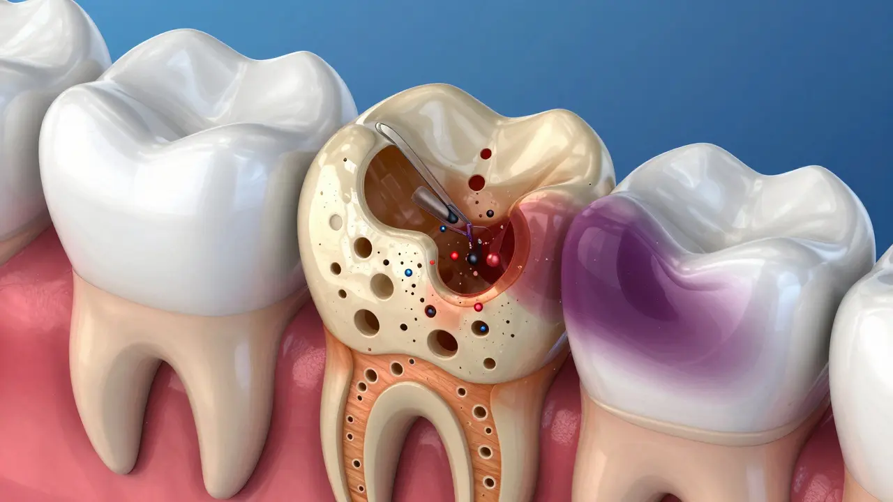 3D ilustrace pórů v plombě pohlcujících barviva z jídla a pití.
