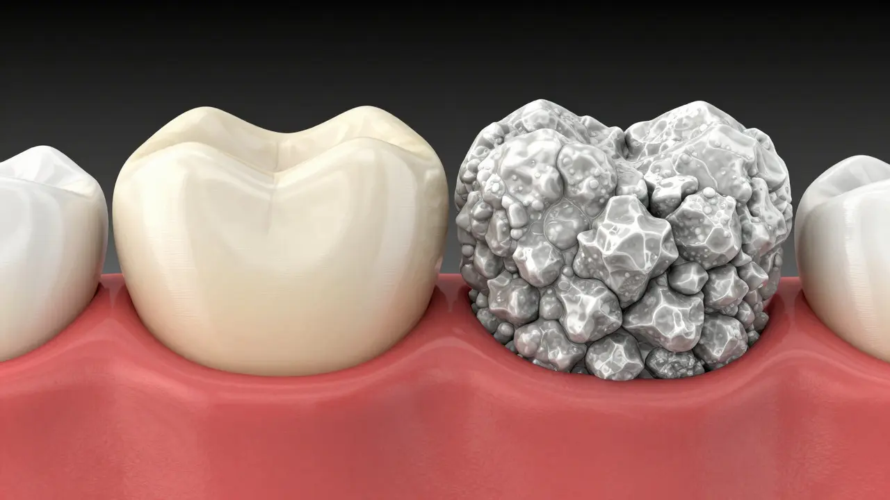 3D ilustrace přeměny měkkého zubního plaku na tvrdý zubní kámen a zánět dásní.