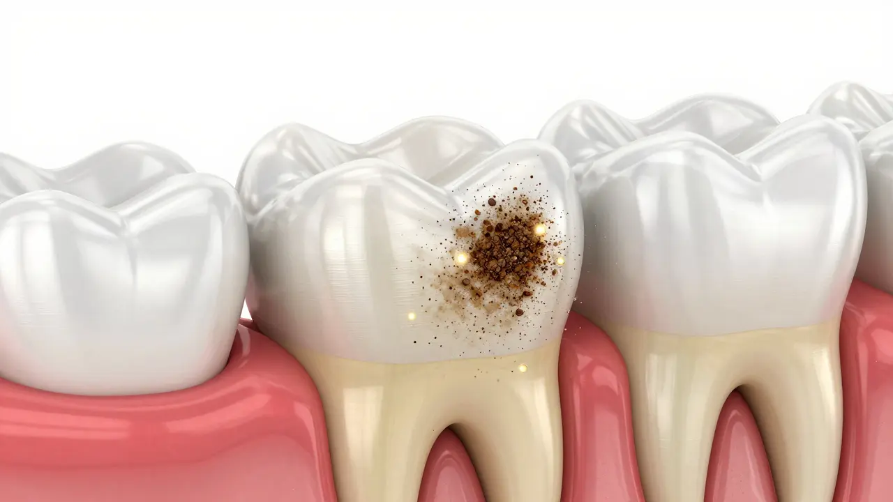 3D ilustrace průřezu zubu znázornující odstranění skvrn z povrchu skleniny.