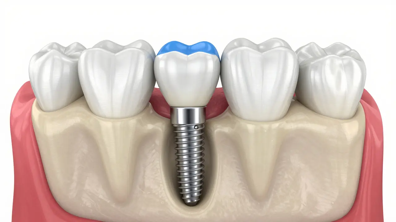 3D vizualizace titanového zubního implantátu v čelistní kosti.