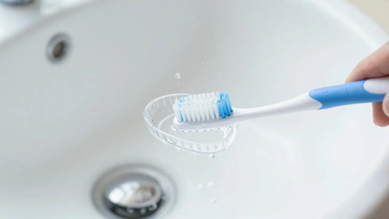 Čištění průhledného žlábku na zuby jemným kartáčkem a vodou.