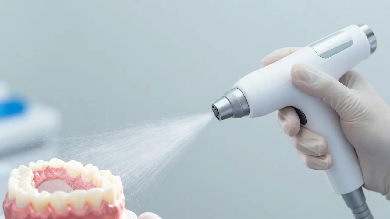 Dentální hygienistka používající přístroj Air-flow k pískování zubů jemnou mlhou