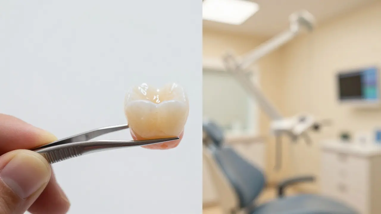 Detail keramické facetky a rozmazané pozadí moderní stomatologické kliniky.