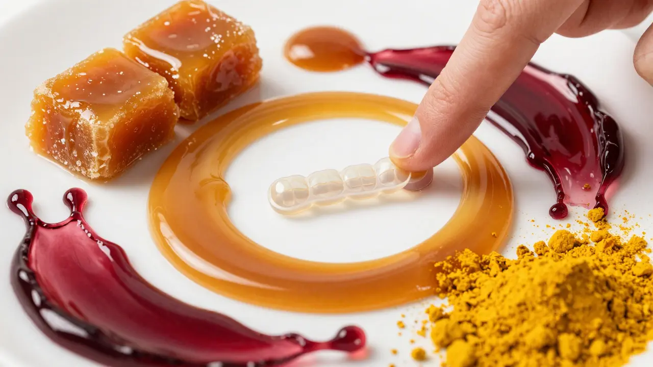 Detail lepivého karamelu a barvících potravin jako červené víno a kurkuma.
