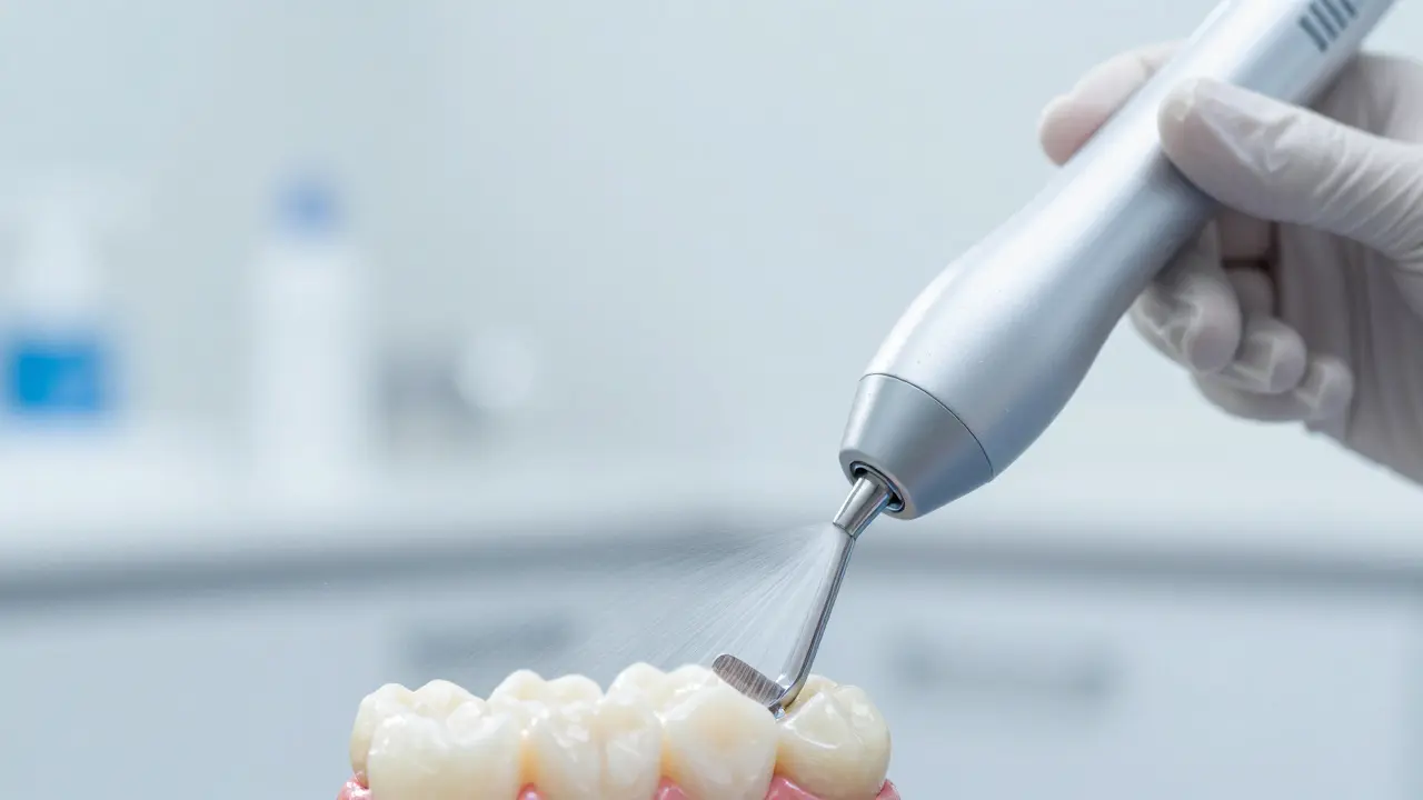 Detail profesionálního ultrazvukového čištění zubů s jemnou vodní mlhou v ordinaci.