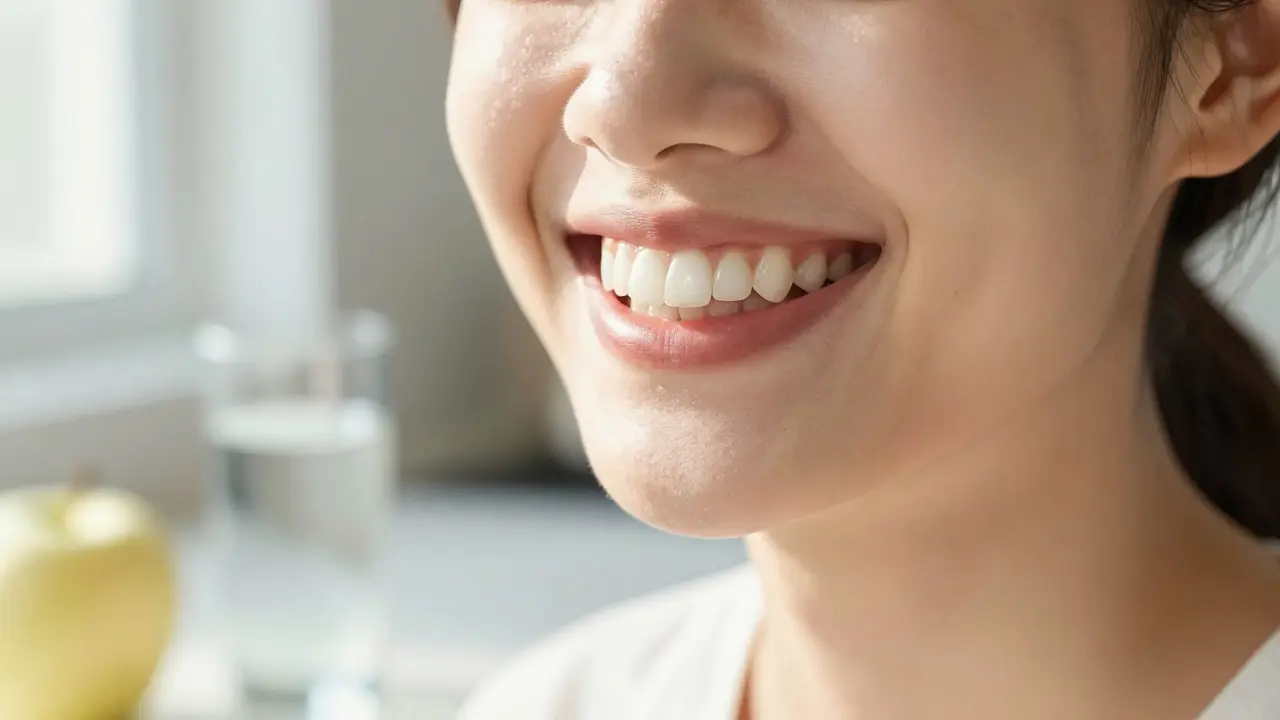 Detail zářivého a přirozeně bílého úsměvu v přirozeném denním světle.