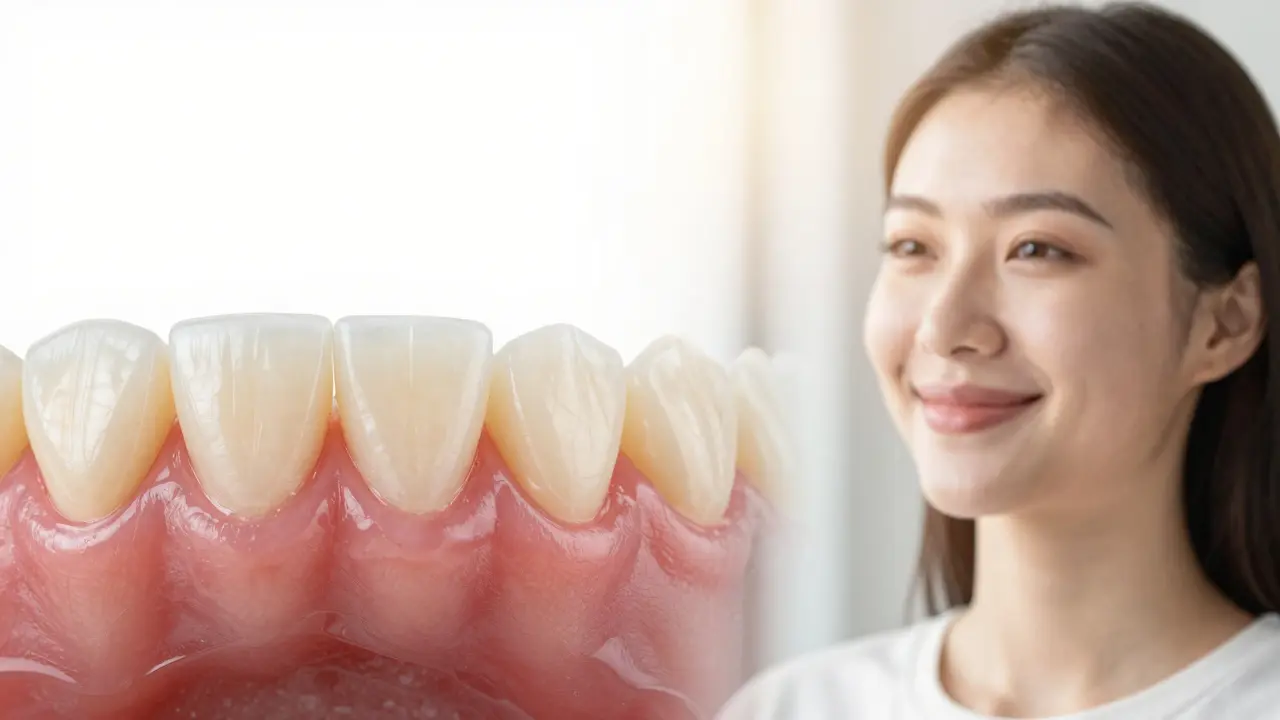 Detail zdravých dásní s perfektně přiléhajícími keramickými fasetami.