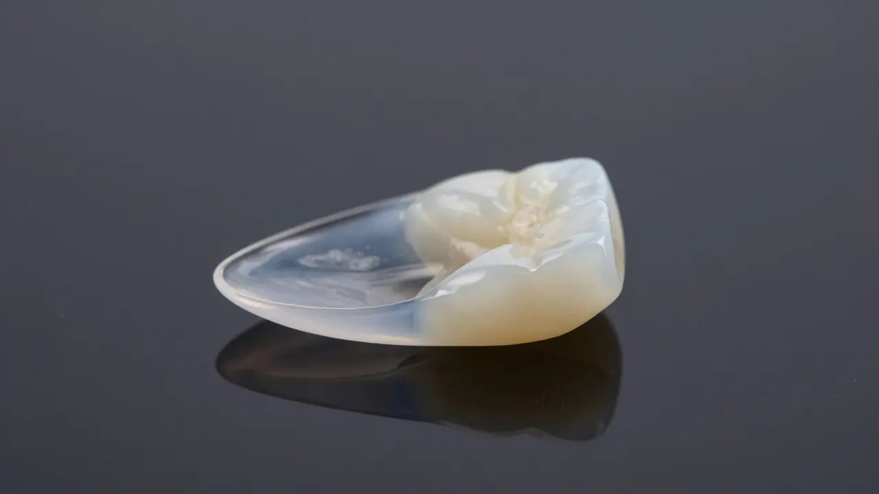 Detailní pohled na jednu průsvitnou celokeramickou fazetu.