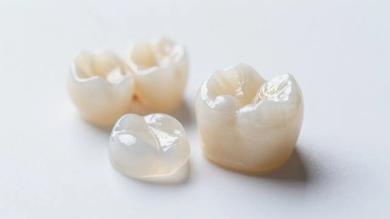 Detailní pohled na moderní keramické korunky z zirkonia a Emaxu.