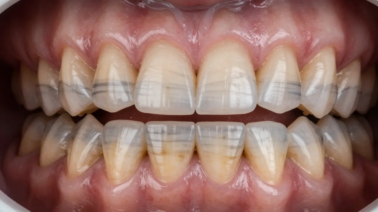 Detailní pohled na zuby s typickými šedo-žlutými vodorovnými pruhy.