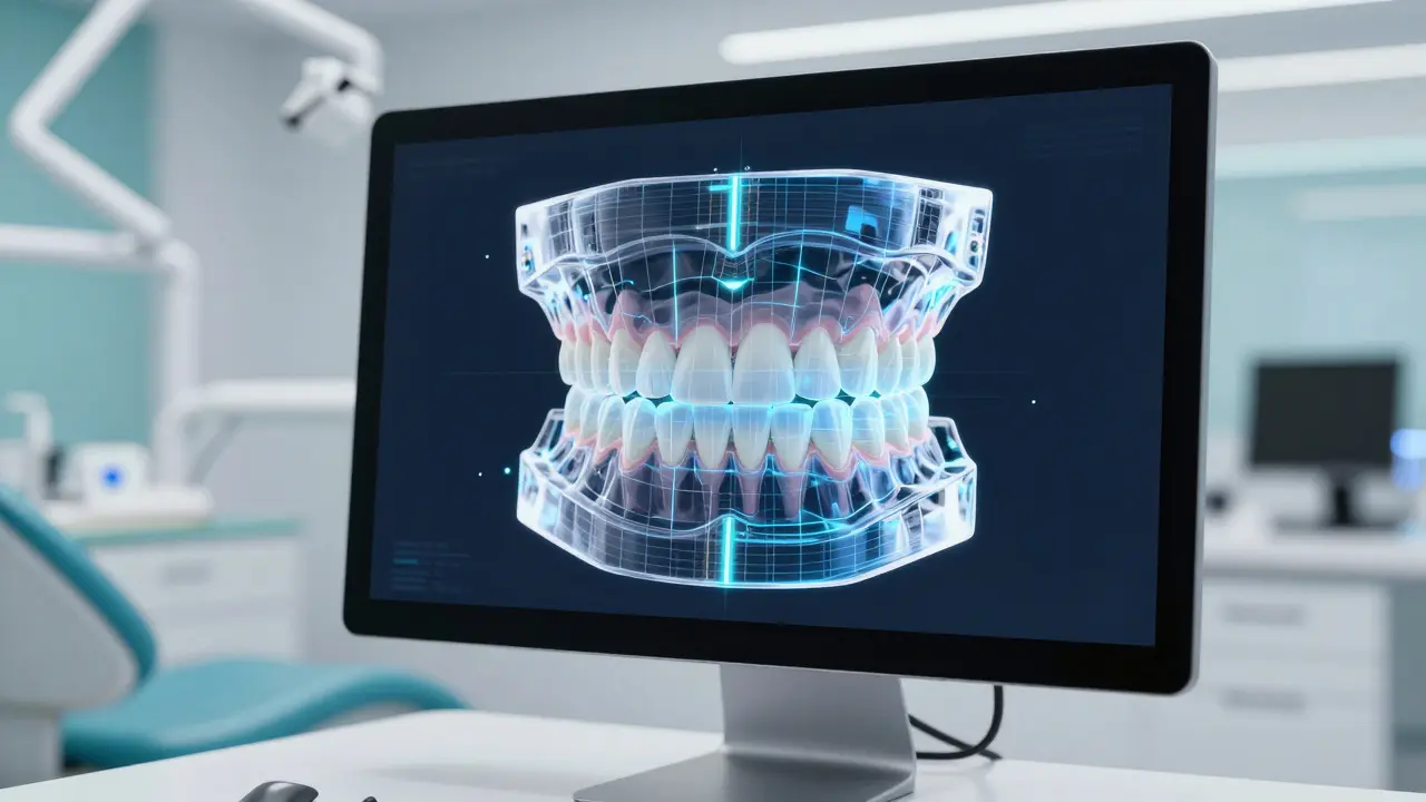 Digitální simulace designu úsměvu na monitoru v moderní klinice.