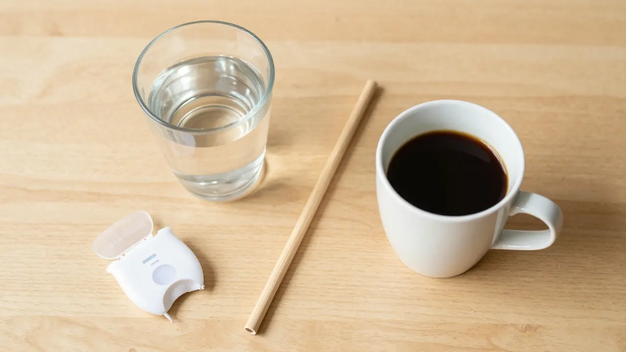 Káva, sklenice vody a dentální nit jako součást zdravých návyků pro bílé zuby.