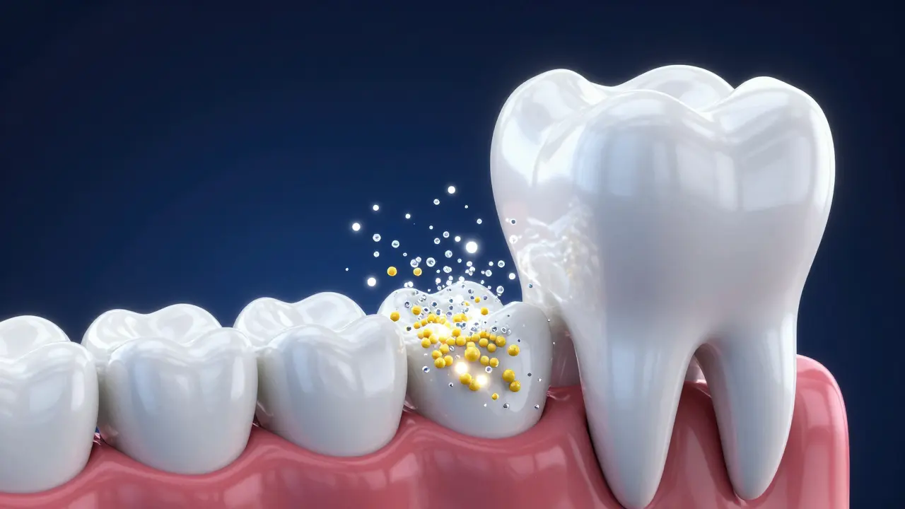 Konceptuální 3D znázornění pronikání bělicího gelu do struktury zuba.