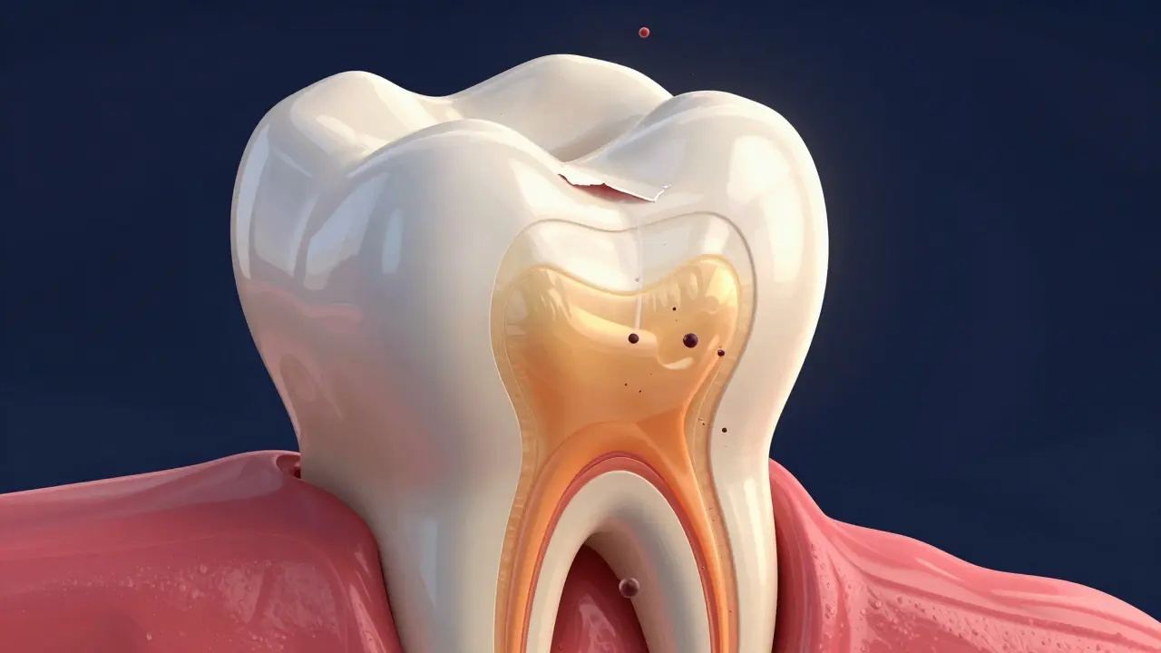 Konceptuální ilustrace zubu s odkrytým dentinem a citlivými nervy.