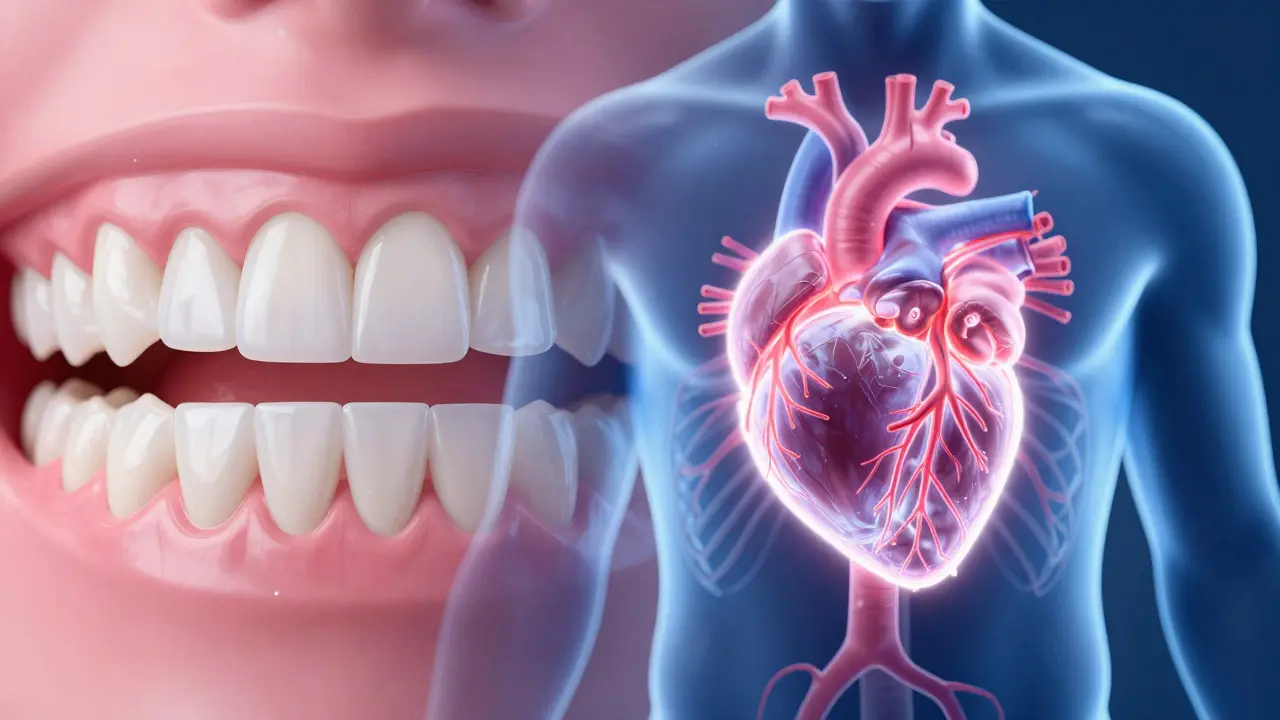 Konceptuální obraz znázornující spojení mezi zdravím zubů a kardiovaskulárním systémem.