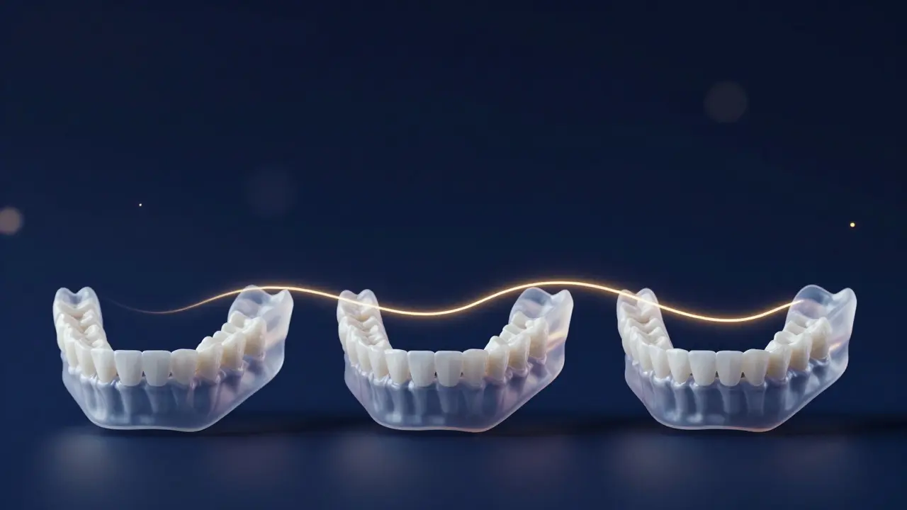 Konceptuální znázornění postupného rovnání zubů v čase.