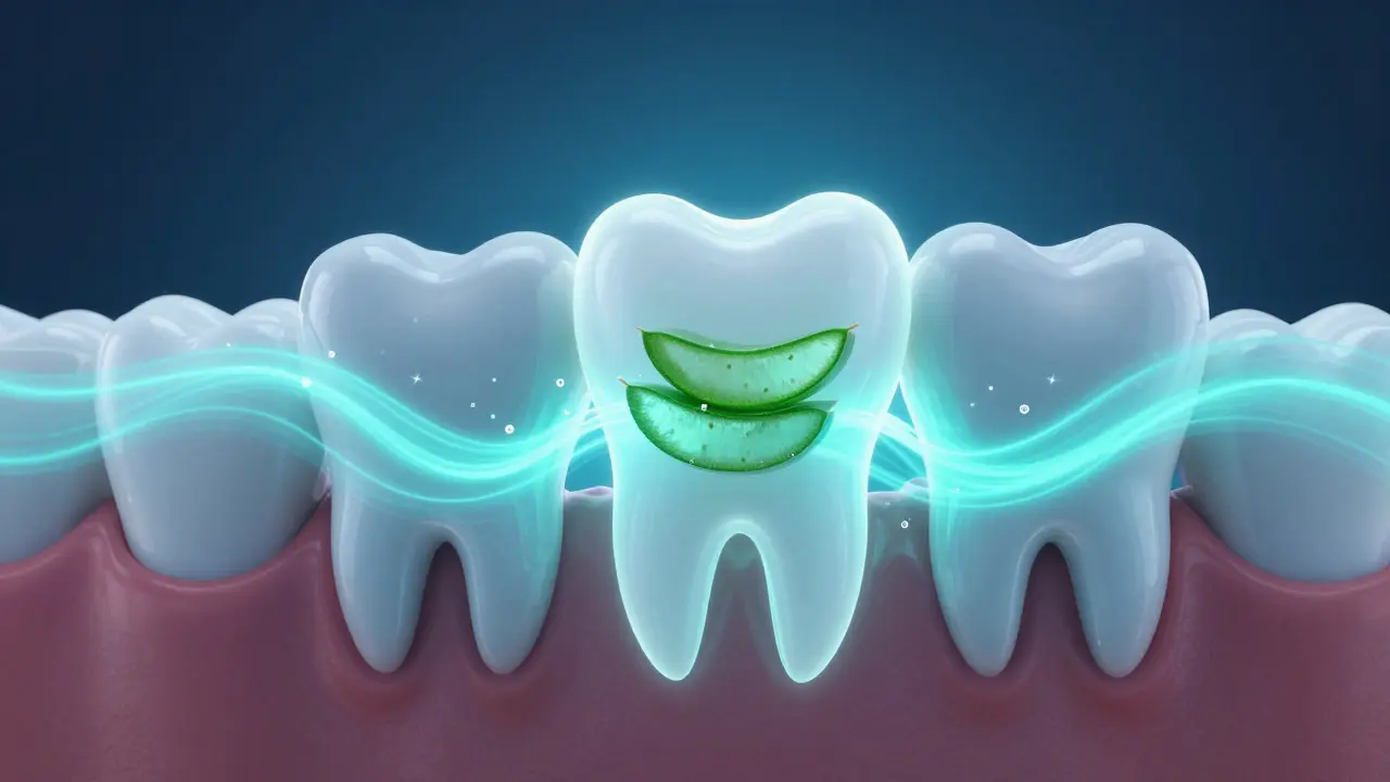 Konceptuální zobrazení hojení dásní s modrým světlem.