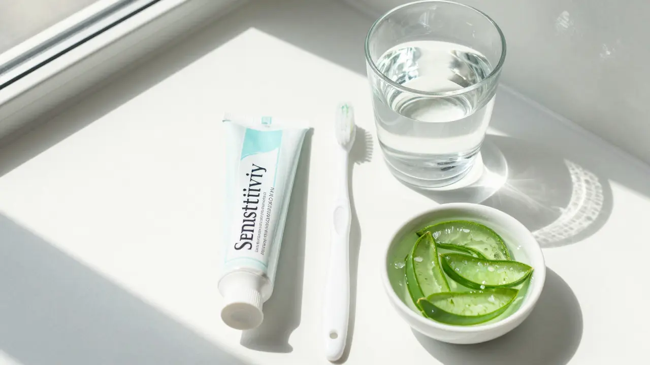 Měkký kartáček, pasta a aloe vera v moderní koupelně.