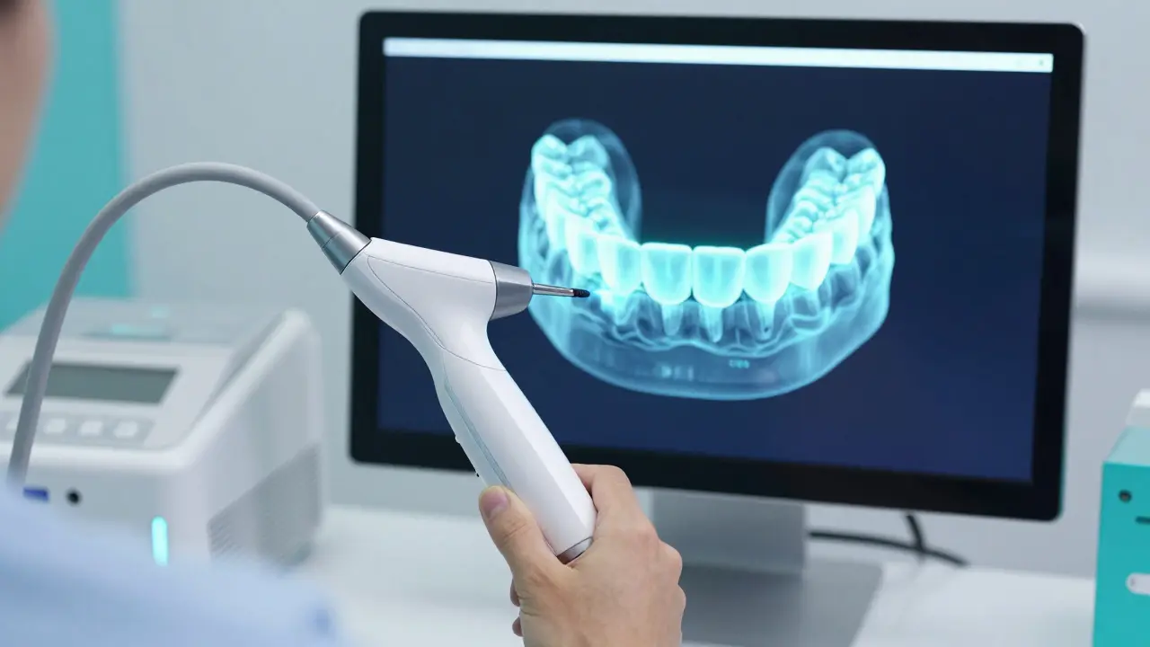 Moderní intraorální skener vytvářející digitální 3D model zubů.