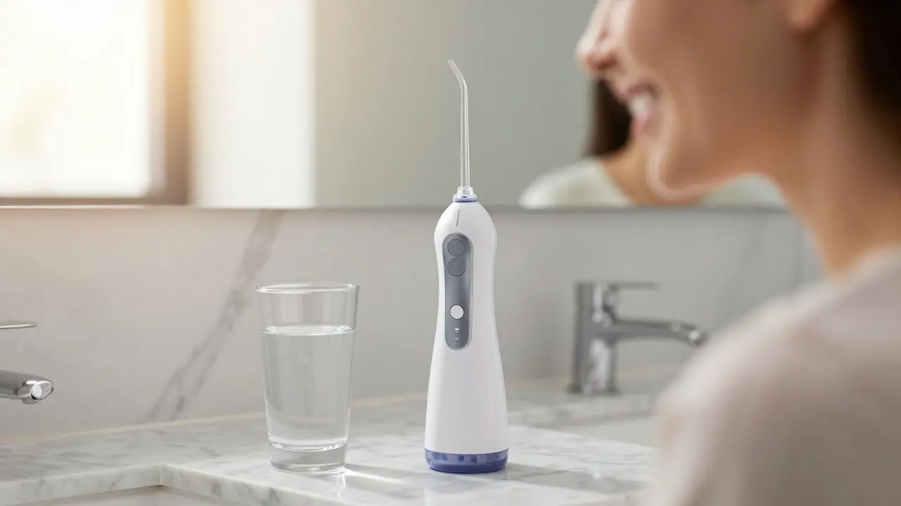 Moderní klesní irigátor na mramorovém pultu v koupelně.