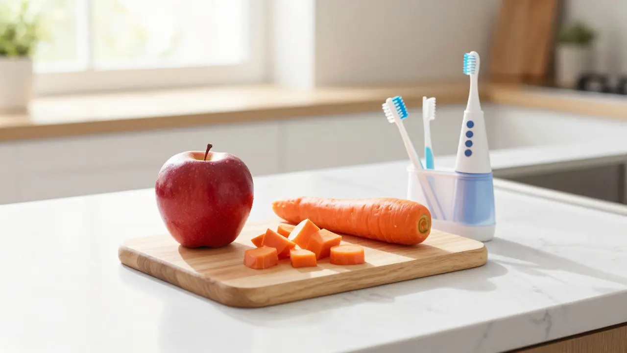 Nakrájené jablko a mrkev v kostíčcích vedle sady pro čištění zubů.