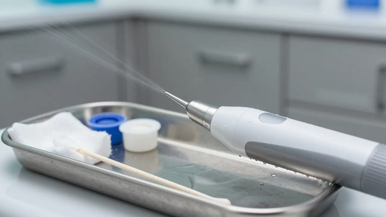 Přiblížení na sonický přístroj při odstranění zubního kámenku.