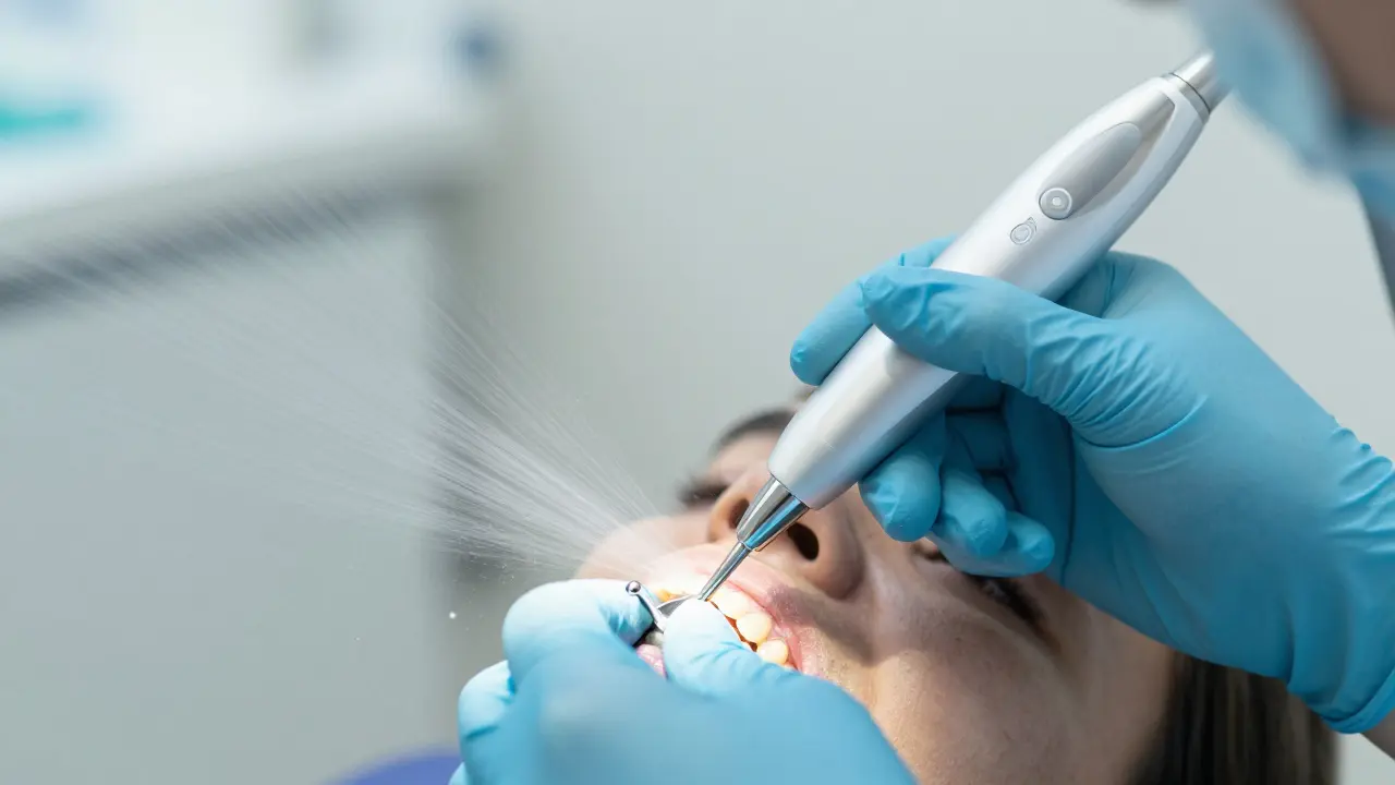 Profesionální odstranění zubního kamene pomocí ultrazvukového přístroje.