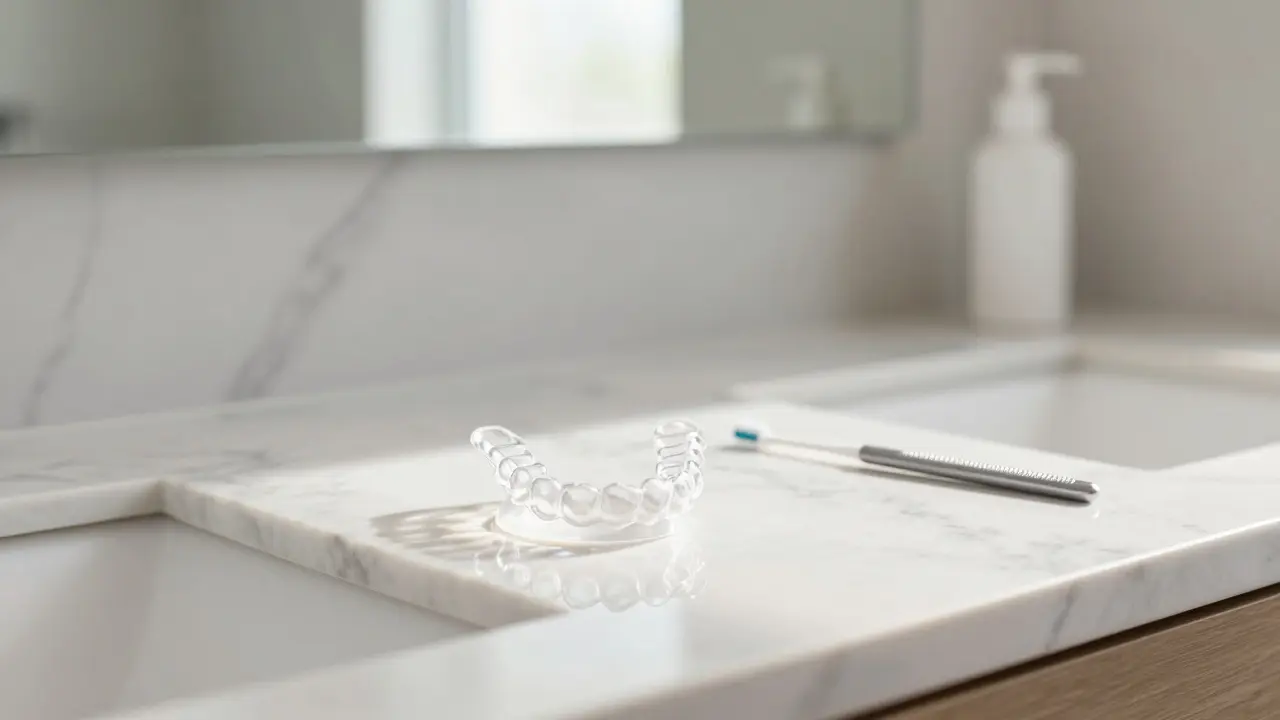 Retenční šachta a čistící kartáček na mramorovém povrchu.