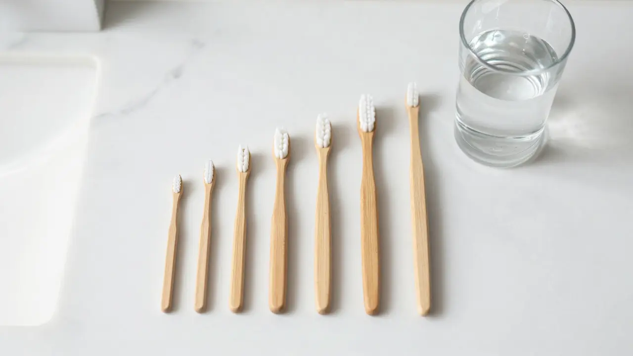 Sada mezizubních kartáčků různých velikostí na bílém mramorovém povrchu.