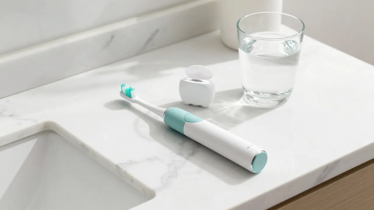 Sada pro domácí péči o zuby zahrnující sonický kartáč a dentální nit na mramorové ploše.