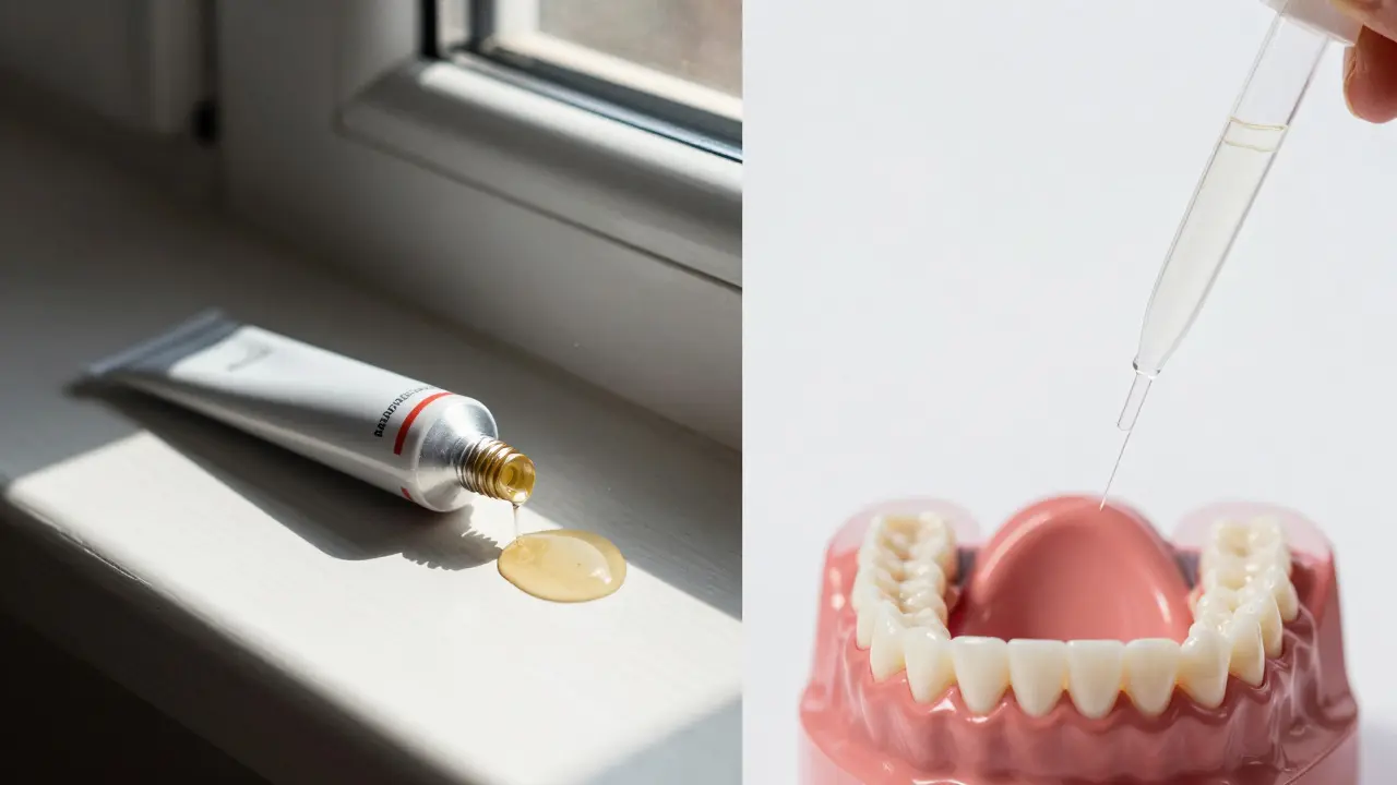 Srovnání degradovaného hnědého bělicího gelu a správně naneseného průhledného gelu.