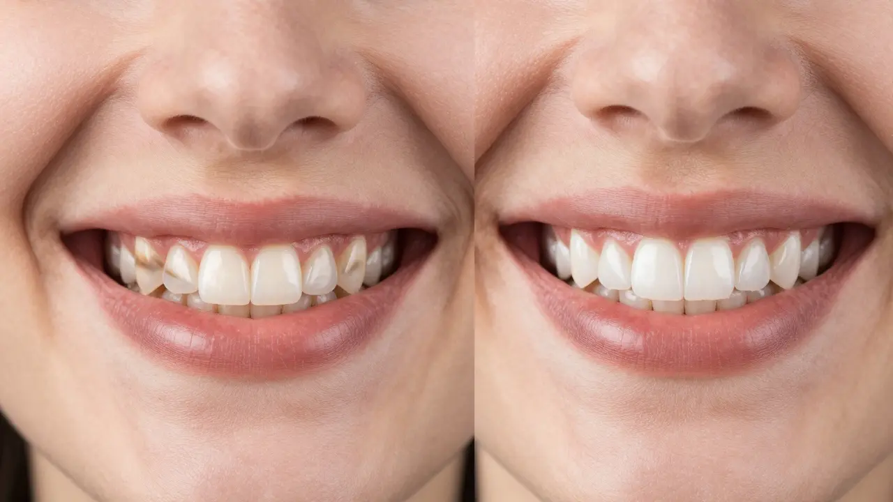 Srovnání zubů před a po aplikaci keramických faset pro odstranění zbarvení.