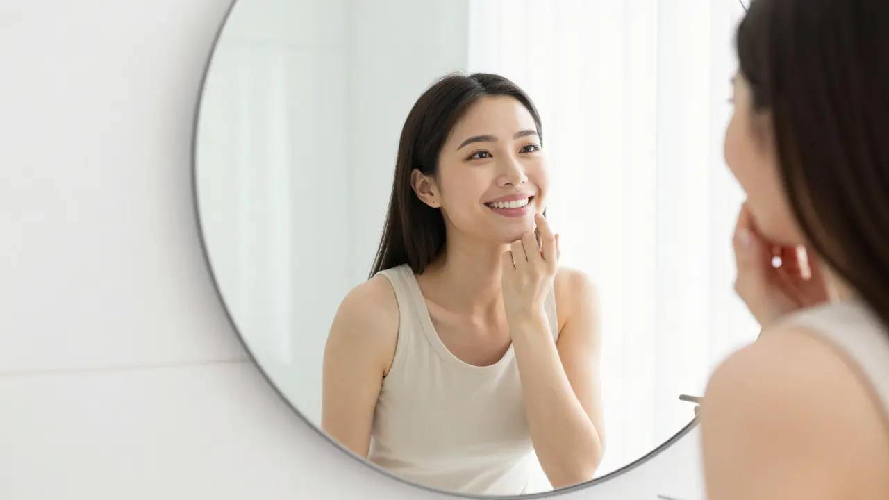 Šťastná osoba se usmívá do zrcadla po aplikaci kompozitních fazet.