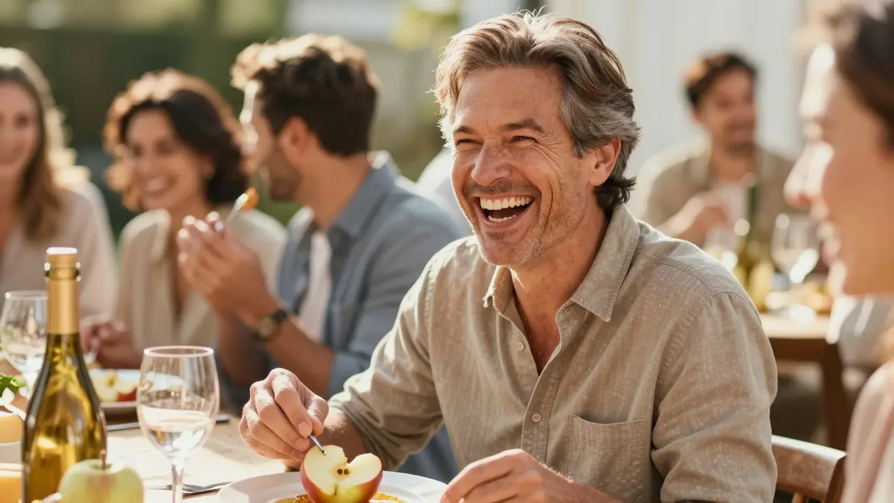 Šťastný člověk se sebevědomě směje během společenské večeře.